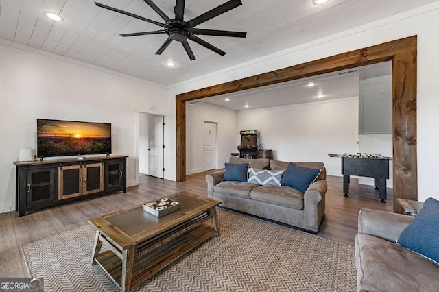 128 Overlake Ct, Morganton, GA 30560 - living room featuring ceiling fan, wood finished floors, ornamental molding, and recessed lighting