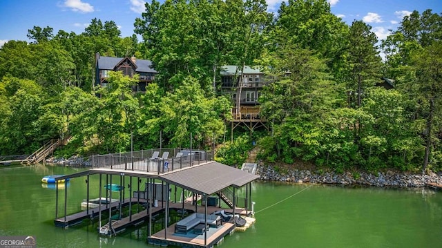 128 Overlake Ct, Morganton, GA 30560 - dock with a water view, stairs, and view of wooded area