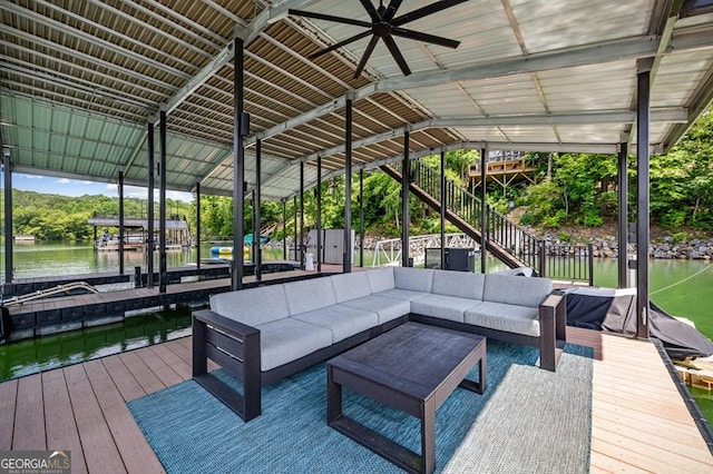 128 Overlake Ct, Morganton, GA 30560 - dock with a water view, an outdoor living space, boat lift, and stairway