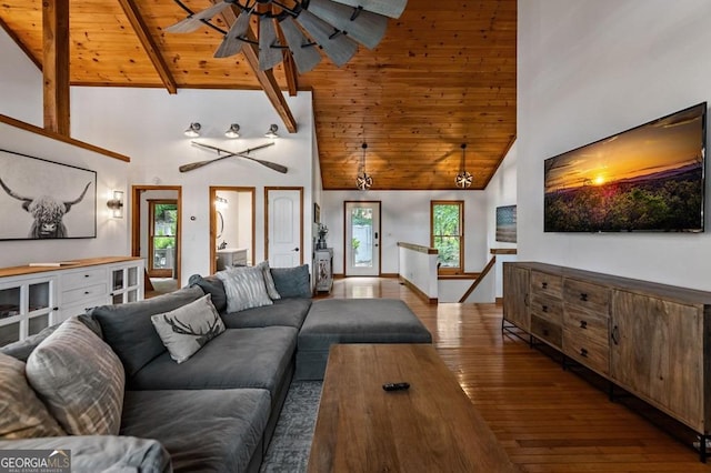 128 Overlake Ct, Morganton, GA 30560 - living room with high vaulted ceiling, a wooden ceiling with exposed beams, and hardwood / wood-style floors
