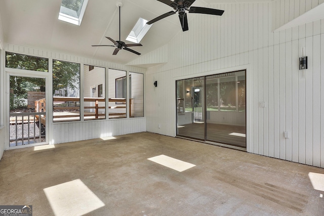 205 Shadowood Ln, Peachtree City, GA 30269 - unfurnished sunroom with ceiling fan, a skylight, and lofted ceiling