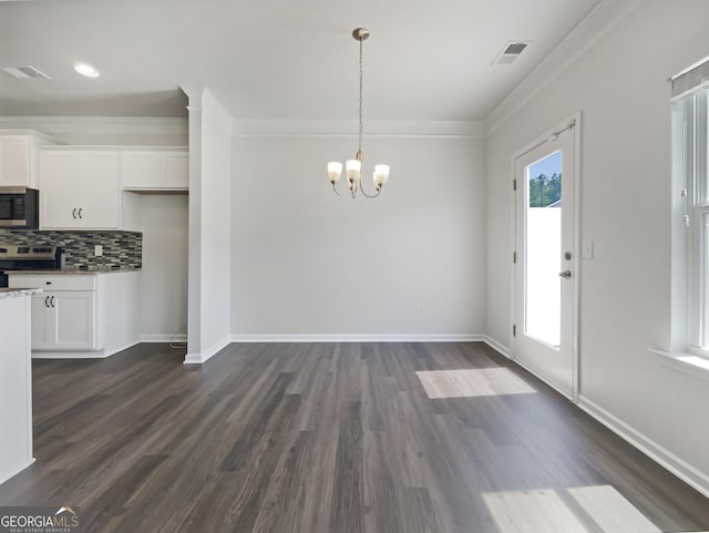 36 Crescent Chase, Dallas, GA 30157 - unfurnished dining area with ornamental molding, a chandelier, and dark wood-style flooring