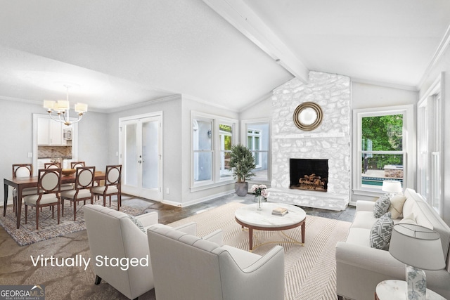 750 Crest Valley Dr NW, Sandy Springs, GA 30327 - living area featuring a chandelier, a fireplace, and ornamental molding