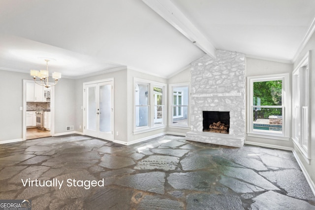 750 Crest Valley Dr NW, Sandy Springs, GA 30327 - unfurnished living room with stone floors, a chandelier, a fireplace, and ornamental molding