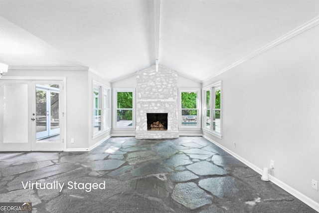 750 Crest Valley Dr NW, Sandy Springs, GA 30327 - unfurnished living room with healthy amount of natural light, a large fireplace, french doors, and ornamental molding