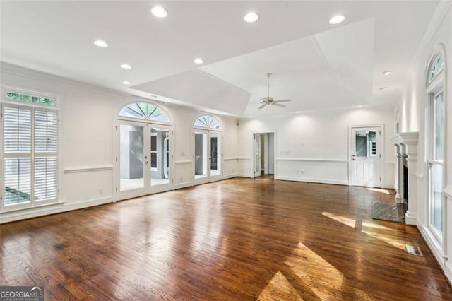 750 Crest Valley Dr NW, Sandy Springs, GA 30327 - unfurnished living room with ceiling fan, wood finished floors, a fireplace, recessed lighting, and ornamental molding