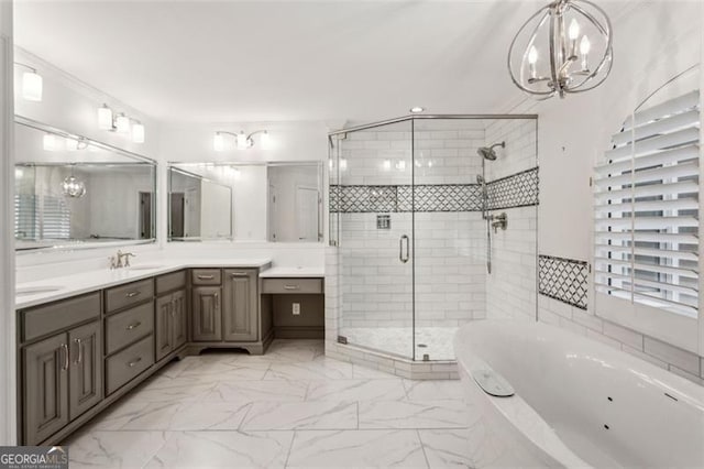 750 Crest Valley Dr NW, Sandy Springs, GA 30327 - bathroom with a chandelier, a tub with jets, vanity, a shower stall, and marble look tile flooring