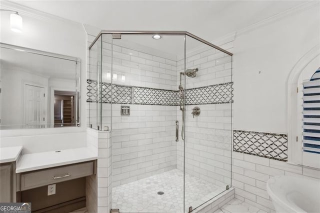750 Crest Valley Dr NW, Sandy Springs, GA 30327 - full bath with vanity, a stall shower, crown molding, a soaking tub, and recessed lighting