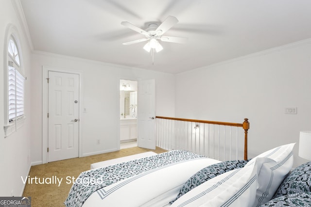 750 Crest Valley Dr NW, Sandy Springs, GA 30327 - bedroom featuring light colored carpet, ornamental molding, a ceiling fan, and connected bathroom