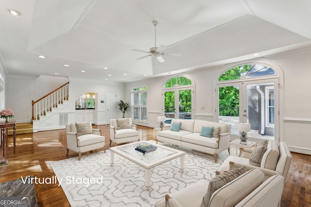 750 Crest Valley Dr NW, Sandy Springs, GA 30327 - living area with hardwood / wood-style flooring, stairway, recessed lighting, a ceiling fan, and crown molding
