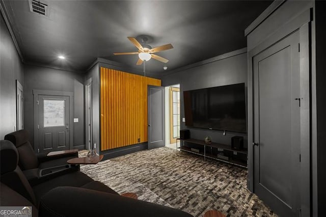 103 Maddox Rd, Buford, GA 30518 - carpeted living room featuring ceiling fan, ornamental molding, and recessed lighting