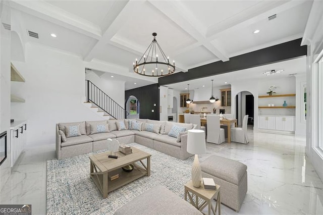 103 Maddox Rd, Buford, GA 30518 - living room with arched walkways, light marble finish flooring, beam ceiling, recessed lighting, and a chandelier