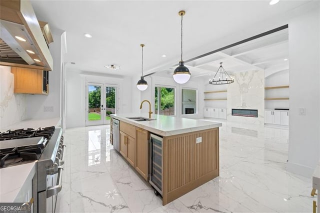 103 Maddox Rd, Buford, GA 30518 - kitchen featuring range hood, appliances with stainless steel finishes, wine cooler, recessed lighting, and french doors