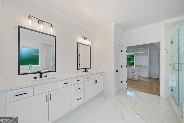 103 Maddox Rd, Buford, GA 30518 - bathroom featuring a marble finish shower, double vanity, marble finish flooring, and ornamental molding