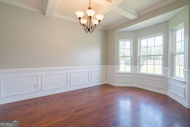 43 NE Yearling Ct, Ludowici, GA 31316 - unfurnished room with a chandelier, beamed ceiling, coffered ceiling, dark wood-style flooring, and ornamental molding