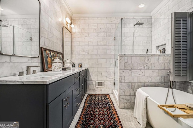 1833 N Rock Springs Rd NE, Atlanta, GA 30324 - bathroom featuring ornamental molding, tile walls, double vanity, a shower stall, and a soaking tub