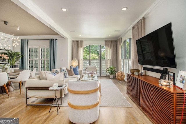 1833 N Rock Springs Rd NE, Atlanta, GA 30324 - living room featuring wood finished floors, ornamental molding, recessed lighting, and a chandelier