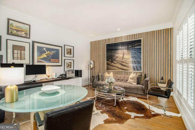 1833 N Rock Springs Rd NE, Atlanta, GA 30324 - living room with healthy amount of natural light, wood finished floors, wallpapered walls, crown molding, and an accent wall