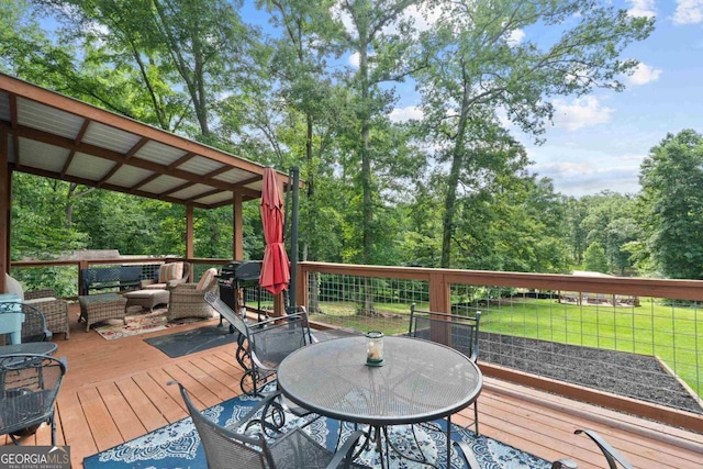 103 Fawn Ct, Eatonton, GA 31024 - wooden deck featuring outdoor lounge area, a grill, outdoor dining space, and a lawn