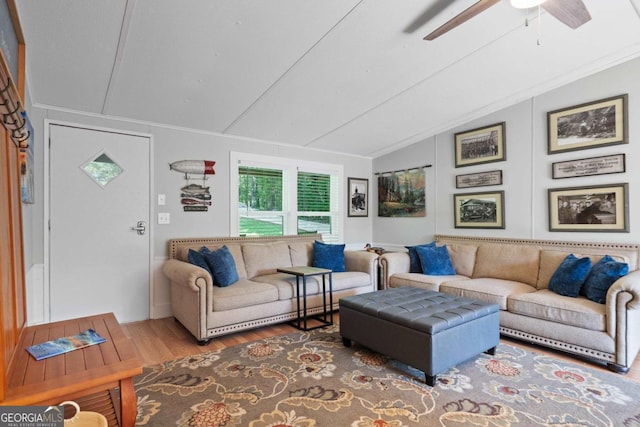 103 Fawn Ct, Eatonton, GA 31024 - living room with lofted ceiling, wood finished floors, ornamental molding, and a ceiling fan