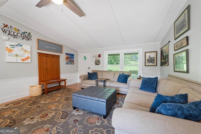 103 Fawn Ct, Eatonton, GA 31024 - living area featuring ceiling fan, vaulted ceiling, and wood finished floors