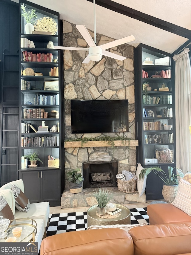 101 Pawnee St, Waleska, GA 30183 - living room with a stone fireplace and a ceiling fan