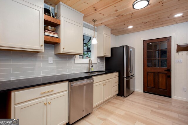 101 Pawnee St, Waleska, GA 30183 - kitchen with appliances with stainless steel finishes, wood ceiling, open shelves, dark countertops, and recessed lighting