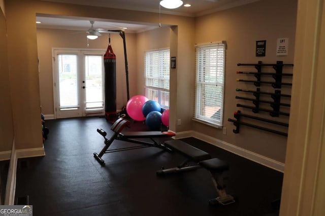 24317 Plantation Dr NE, Atlanta, GA 30324 - exercise area featuring a ceiling fan, healthy amount of natural light, crown molding, and recessed lighting