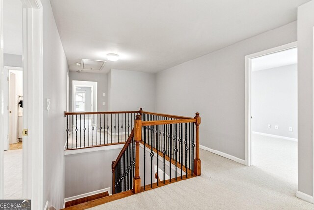 3725 Downing Dr, Cumming, GA 30040 - hall with an upstairs landing, carpet flooring, and attic access