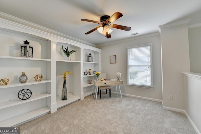 1868 Birch Briar Bnd, Lawrenceville, GA 30043 - office area featuring ornamental molding, carpet, and ceiling fan