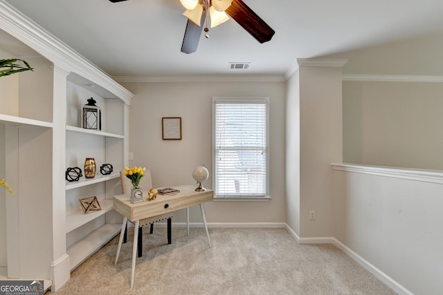 1868 Birch Briar Bnd, Lawrenceville, GA 30043 - office area featuring ceiling fan, carpet flooring, and crown molding