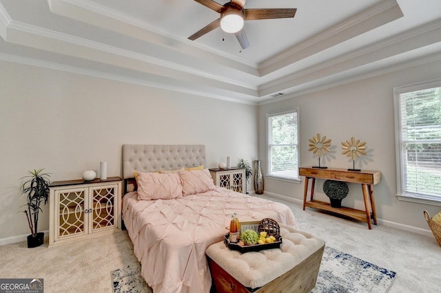 1868 Birch Briar Bnd, Lawrenceville, GA 30043 - carpeted bedroom featuring a raised ceiling, ornamental molding, and ceiling fan
