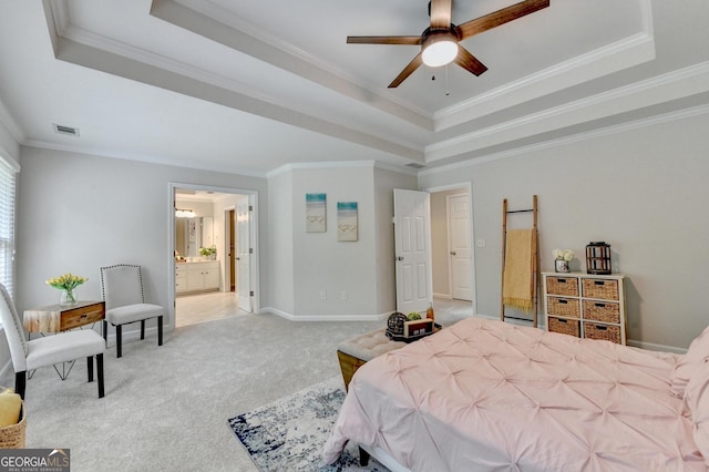 1868 Birch Briar Bnd, Lawrenceville, GA 30043 - bedroom featuring a tray ceiling, light carpet, ornamental molding, and connected bathroom