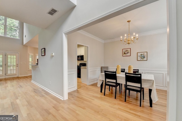 1868 Birch Briar Bnd, Lawrenceville, GA 30043 - dining area with a chandelier, light wood-type flooring, ornamental molding, wainscoting, and a decorative wall