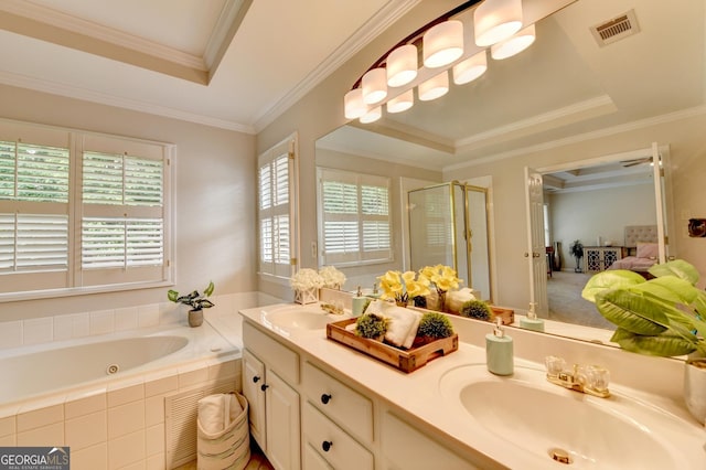 1868 Birch Briar Bnd, Lawrenceville, GA 30043 - full bathroom featuring a shower stall, double vanity, a bath, and ornamental molding