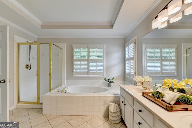 1868 Birch Briar Bnd, Lawrenceville, GA 30043 - full bathroom with double vanity, a garden tub, tile patterned floors, a stall shower, and crown molding