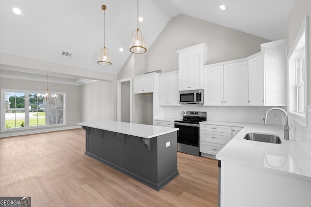 3 Honeysuckle Dr, Claxton, GA 30417 - kitchen featuring appliances with stainless steel finishes, a chandelier, white cabinetry, high vaulted ceiling, and tasteful backsplash