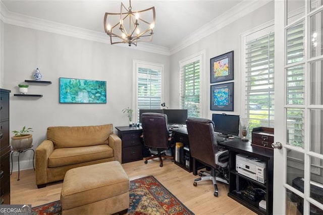 127 Oak Ln, Decatur, GA 30030 - office area with wood finished floors, a chandelier, and ornamental molding