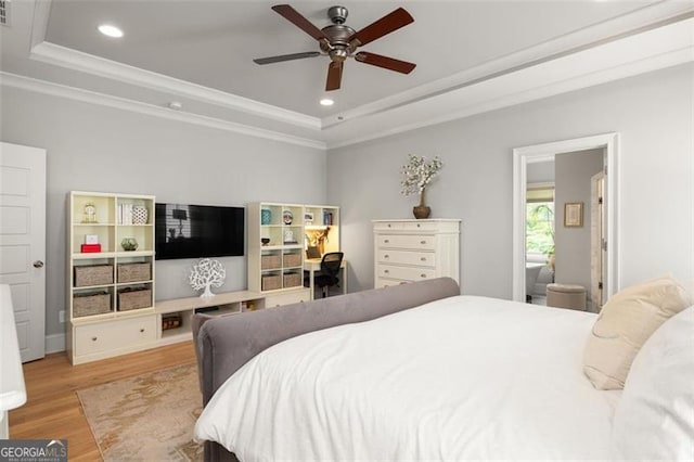 127 Oak Ln, Decatur, GA 30030 - bedroom featuring a raised ceiling, wood finished floors, crown molding, recessed lighting, and a ceiling fan