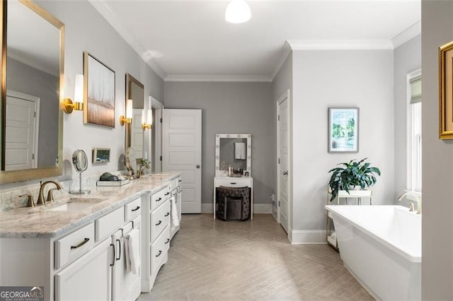 127 Oak Ln, Decatur, GA 30030 - bathroom featuring double vanity, a soaking tub, and crown molding