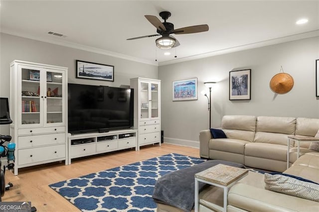 127 Oak Ln, Decatur, GA 30030 - living area featuring light wood-type flooring, ornamental molding, a ceiling fan, and recessed lighting
