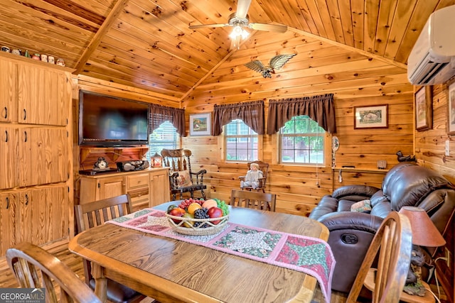 77 Falls View Dr, Dillard, GA 30537 - dining area featuring wooden ceiling, a wall unit AC, vaulted ceiling, wooden walls, and a ceiling fan