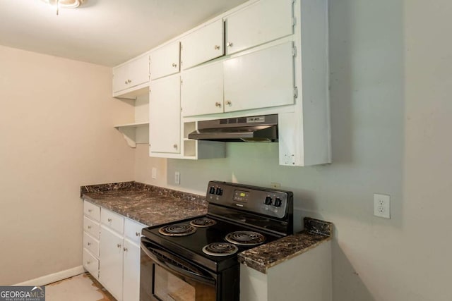 4201 Hicks Rd, Austell, GA 30106 - kitchen featuring under cabinet range hood, black electric range oven, white cabinets, and open shelves