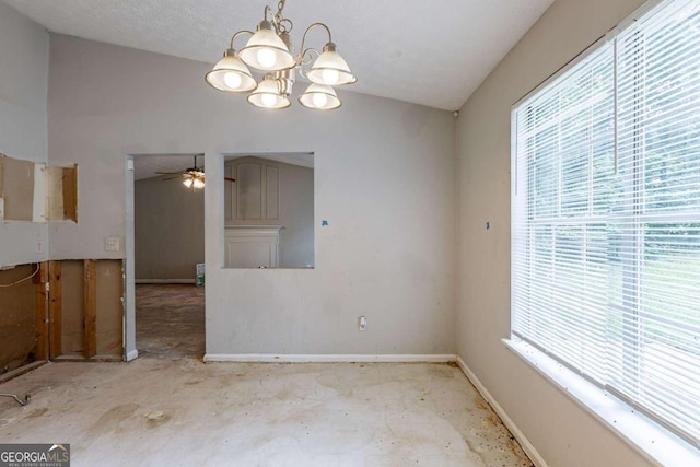 5856 Rock Rd, Union City, GA 30291 - empty room with plenty of natural light, a chandelier, vaulted ceiling, and ceiling fan