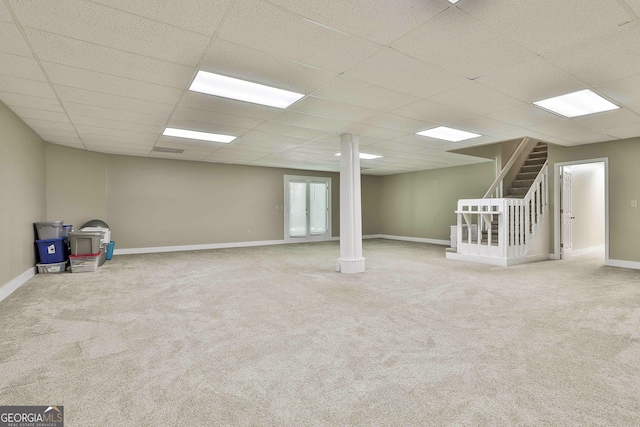 118 Whitfield Run, Peachtree City, GA 30269 - below grade area with stairs, carpet, and a paneled ceiling