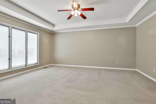118 Whitfield Run, Peachtree City, GA 30269 - spare room with a raised ceiling, a ceiling fan, a textured ceiling, light colored carpet, and crown molding