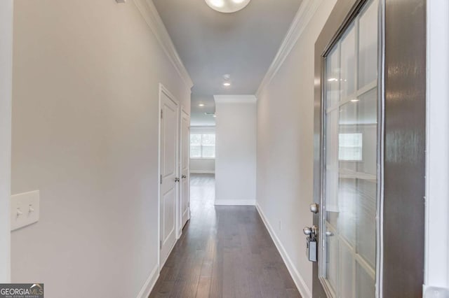 2005 Hamilton Creek Pkwy, Dacula, GA 30019 - hallway with crown molding, dark wood-style flooring, and recessed lighting
