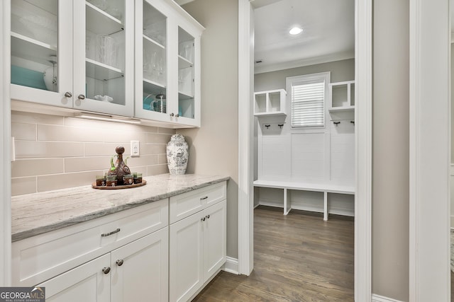 459 N Cove Dr, Newnan, GA 30263 - bar featuring decorative backsplash, dark wood-style floors, ornamental molding, and recessed lighting
