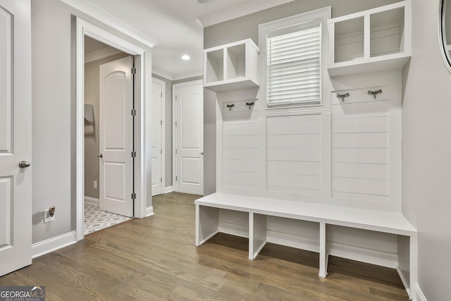 459 N Cove Dr, Newnan, GA 30263 - mudroom with dark wood-style floors, recessed lighting, and ornamental molding