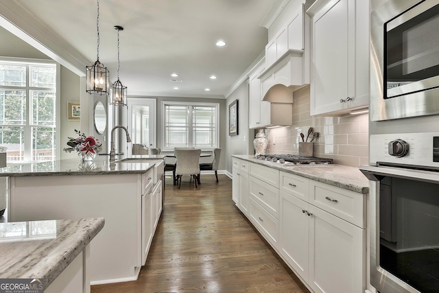 459 N Cove Dr, Newnan, GA 30263 - kitchen with stainless steel appliances, crown molding, decorative backsplash, plenty of natural light, and white cabinets